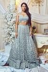 Buy_Varun Chakkilam_Grey Silk Organza Embroidered Sequins V Neck Lehenga Set _at_Aza_Fashions