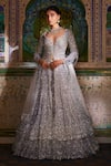 Buy_Seema Gujral_Silver Net Embroidered Zardozi Sweetheart Neck Jacket Lehenga Set  _at_Aza_Fashions