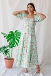 Buy_Shachi Sood_Green Dupion Silk, Butter Crepe Floral Square Neck Printed Maxi Dress _at_Aza_Fashions