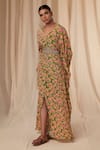 Buy_Masaba_Green Natural Crepe Printed Little Garden V Neck Kaftan Dress With Belt_at_Aza_Fashions