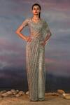 Buy_Rohit Gandhi + Rahul Khanna_Grey Tulle Crystals V-neck Pre-draped Embroidered Saree With Blouse _at_Aza_Fashions