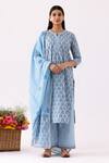 Buy_Abbaran_Blue Cotton Cambric Printed Floral Notched Kurta Palazzo Set _at_Aza_Fashions