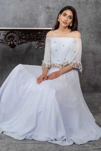 Buy_Sunita Bhandari_Blue Viscose, Georgette Cut Work Off-shoulder Embroidered Off Gown _at_Aza_Fashions