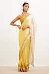 Buy_Devnaagri_Yellow Velvet And Satin Embroidered Zari V Neck Shaded Saree With Singlet _at_Aza_Fashions