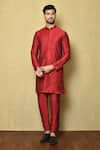 Buy_Aryavir Malhotra_Red Cotton Silk Band Collar Solid Kurta _at_Aza_Fashions