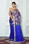 Buy_Samyukta Singhania_Blue Blended Matka Silk Woven Floral Pattern Jamdani Saree _at_Aza_Fashions