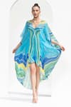 Buy_Mandira Wirk_Blue Chiffon Printed Marble V Neck Kaftan _at_Aza_Fashions