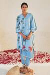 Buy Sage Saga Blue Chanderi, Lace, Linen Embroidery V-neck Pihu Tree Print Tunic Palazzo Set at Aza Fashions Buy_Sage Saga_Blue Chanderi, Lace, Linen Embroidery V-neck Pihu Tree Print Tunic Palazzo Set _at_Aza_Fashions