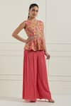 Buy_Label Nitisha_Pink Chanderi Printed Floral Pattern V Neck Peplum Jacket And Palazzo Set _at_Aza_Fashions