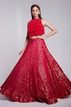 Buy Suruchi Parakh Pink Crepe Ruffles, Sequins High Neck Stripe Pattern Lehenga With Blouse at Aza Fashions Buy_Suruchi Parakh_Pink Crepe Ruffles, Sequins High Neck Stripe Pattern Lehenga With Blouse _at_Aza_Fashions