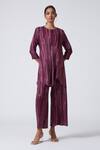 Buy_Scarlet Sage_Wine 100% Polyester Stripe Round Anika Printed Pleated Top And Pant Set_at_Aza_Fashions