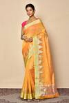 Buy_Nazaakat by Samara Singh_Yellow Saree Banarasi Cotton Chanderi Silk Woven Geometric Pattern_at_Aza_Fashions