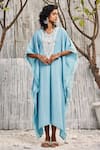 Buy_Charkhee_Blue Kaftan Dobby Cotton Embellished Crochet Patch Work V Neck Stripe Pattern _at_Aza_Fashions