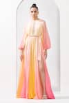 Buy_Mandira Wirk_Multi Color Chiffon / Chantley Round Ombre Balloon Sleeve Gown_at_Aza_Fashions