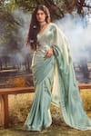 Buy_Nitika Gujral_Blue Satin Pearls, Sequins, Beads Sweetheart Ombre 3d Flower Applique Saree Set _at_Aza_Fashions