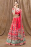 Buy_Khwaab by Sanjana Lakhani_Red Lehenga And Blouse Chinnon Printed Floral & Mughal Pattern Leaf Neck Set_at_Aza_Fashions