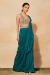 Buy_DiyaRajvvir_Blue Cotton Silk Embroidered Cutdana Square Layered And Pre-draped Skirt Saree Set _at_Aza_Fashions