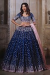 Buy_Label Priyanka Kar_Blue Cotton Satin Printed Floral And Bird Patterns Sweetheart Garden Lehenga Set _at_Aza_Fashions