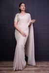 Buy_Srota By Srishti Aggarwal_White Gold Silver Foil Pattern Embroidery Sequins V Neck Saree With Blouse_at_Aza_Fashions