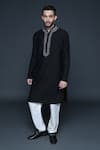 Buy_Sanjev Marwaaha_Black Cotton Silk Embroidered Resham Thread Work Mandarin Collar Kurta Set _at_Aza_Fashions