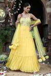 Buy_Nitisha Kashyap Official_Yellow Georgette, Net, Silk Mirrors, Embroidered Tiered Anarkali With Dupatta _at_Aza_Fashions