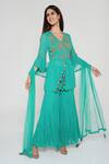 Buy_Bha Sha_Green Georgette, Net, Linen Beads V-neck Ina Embroidered Tunic Sharara Set _at_Aza_Fashions
