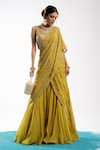 Buy_Charu and Vasundhara_Yellow Blouse Tussar Embroidery Linear Leaf Esrat Pre-draped Lehenga Saree With_at_Aza_Fashions