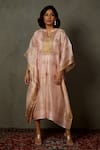 Buy_RI.Ritu Kumar_Peach Silk Woven Polka Dot Band Collar Minar Kaftan _at_Aza_Fashions