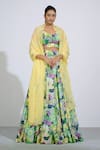 Buy_AFFROZ_Yellow Russian Silk Printed Floral V Neck Lehenga Set _at_Aza_Fashions