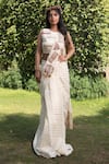 Buy_Soniya G_Ivory Handmade Cotton Embroidery Sequins Pallu Pre-draped Saree With Blouse _at_Aza_Fashions