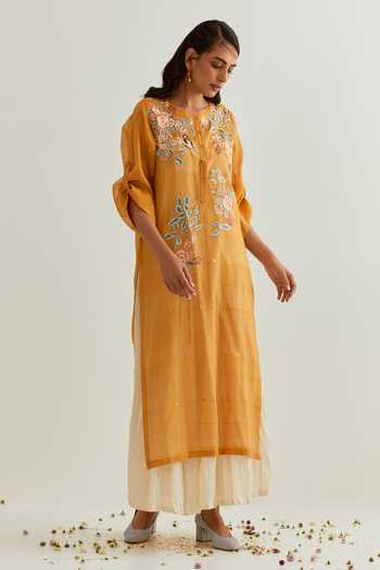 Buy_Prama By Pratima Pandey_Yellow Chanderi Embroidered Parsi Round Maxi Dress With Inner  _at_Aza_Fashions