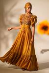 Buy_Nikita Mhaisalkar_Yellow Chanderi Embroidery Keyhole Neck Yoke Embellished Dress With Belt _at_Aza_Fashions