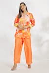 Buy_Paksh_Orange Silk Satin Printed Floral Collared Neck Top And Pant Set _at_Aza_Fashions