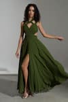 Buy_AMRTA by GUNEET KONDAL_Green Shell 100% Viscose Georgette V Neck Cappadocia Cut-out Gown _at_Aza_Fashions