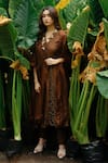 Buy_LABEL SHRISTI CHETANI_Brown Dola Silk Hand Embroidered V Neck A-line Kurta Set _at_Aza_Fashions