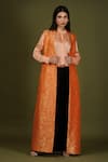 Buy_Soniya G_Orange Brocade Silk Woven Floral Print Mandarin Collar Long Jacket And Palazzo Set _at_Aza_Fashions