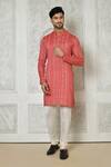 Buy_Samyukta Singhania_Coral Cotton Silk Printed Abstract Stripe Kurta_at_Aza_Fashions