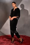Buy_Jyoti Sachdev Iyer_Black Silk, Velvet Sequins Split V-neck Cuff Embroidered Kurta And Salwar Set _at_Aza_Fashions