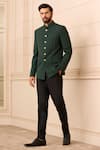 Buy_Tarun Tahiliani_Emerald Green Bandhgala  Suiting Fabric Plain Fluted Collared Trouser Set _at_Aza_Fashions