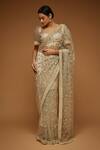 Buy_Neeta Lulla_White Tulle Embroidery Thread Leaf Neck Floral Saree With Blouse _at_Aza_Fashions