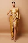 Buy_Ahi Clothing_Gold Shimmer Lycra Solid Square Neck Front Pleated Bustier And Skirt Set _at_Aza_Fashions