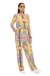 Buy_PS Pret by Payal Singhal_Yellow Crepe Printed Enchanted Asymmetric One Shoulder Jumpsuit _at_Aza_Fashions