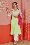 Buy_Myaara_Yellow Cotton, Organza Embroidery Split V-neck A-line Kurta Set _at_Aza_Fashions