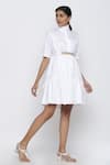 Buy_Escape By Aishwarya_White Cotton Satin High Stand Collar Gathered Dress With Belt _at_Aza_Fashions