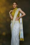 Buy_Sanjev Marwaaha_Yellow Chanderi Printed Floral Band Collar Block Saree With Blouse _Online_at_Aza_Fashions