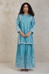 Buy_Sue Mue_Blue Handwoven Pure Chanderi Embroidered Dori Notched Fairoz Kurta And Pant Set _at_Aza_Fashions