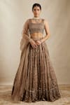 Buy_Astha Narang_Brown Organza Embroidered Nakshi Round Floral Bridal Lehenga Set _at_Aza_Fashions
