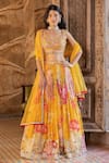 Buy_Basanti - Kapde Aur Koffee_Yellow Georgette Printed Floral Leaf Neck Lehenga Embroidered Blouse Set _at_Aza_Fashions