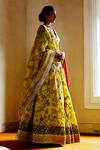 Buy_Archana Jaju_Yellow Organza , Pure Kalamkari Hand Embroidered Bridal Lehenga Set_Online_at_Aza_Fashions