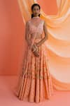 Buy_Drishti & Zahabia_Peach Dupion Silk Print Floral V Neck Botanical Panelled Lehenga Set _at_Aza_Fashions